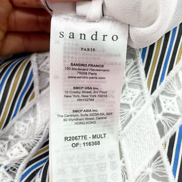 Sandro Womens US 4 Illa Midi Dress Striped Lace Cold Ruffle Shoulder Blue White - Picture 9 of 14